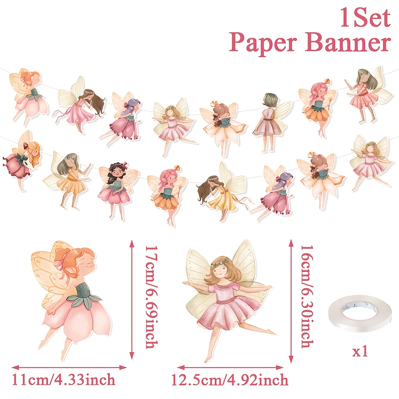 Image of 1set, Floral Fairy Paper Banner, Fairy-themed Happy Birthday Celebration Paper Flags, Anniversary Decoration, Baby Shower Decor, Wedding Bridal Party Hanging Decorations, Party Banners