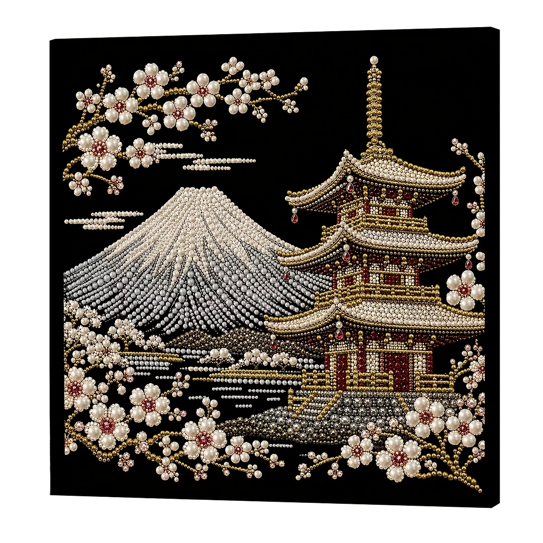 TEMU Kit d'autocollants asymétriques de peinture sur perle avec motif Fuji noir et doré, de sakura, décoration de foyer de salon de style chinois