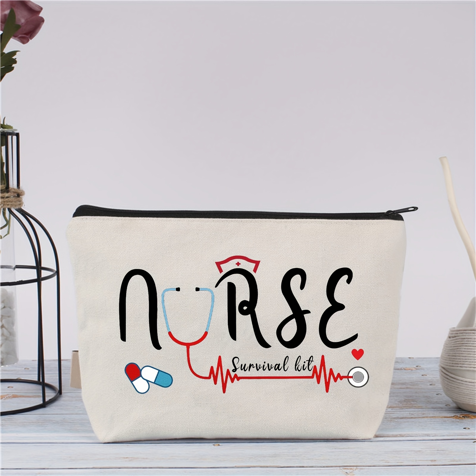 

Nurse Survival Kit Canvas Cosmetic Bag - Perfect Birthday Gift For Nurses, Makeup & Toiletry Organizer With Zipper Pouch For Travel & School