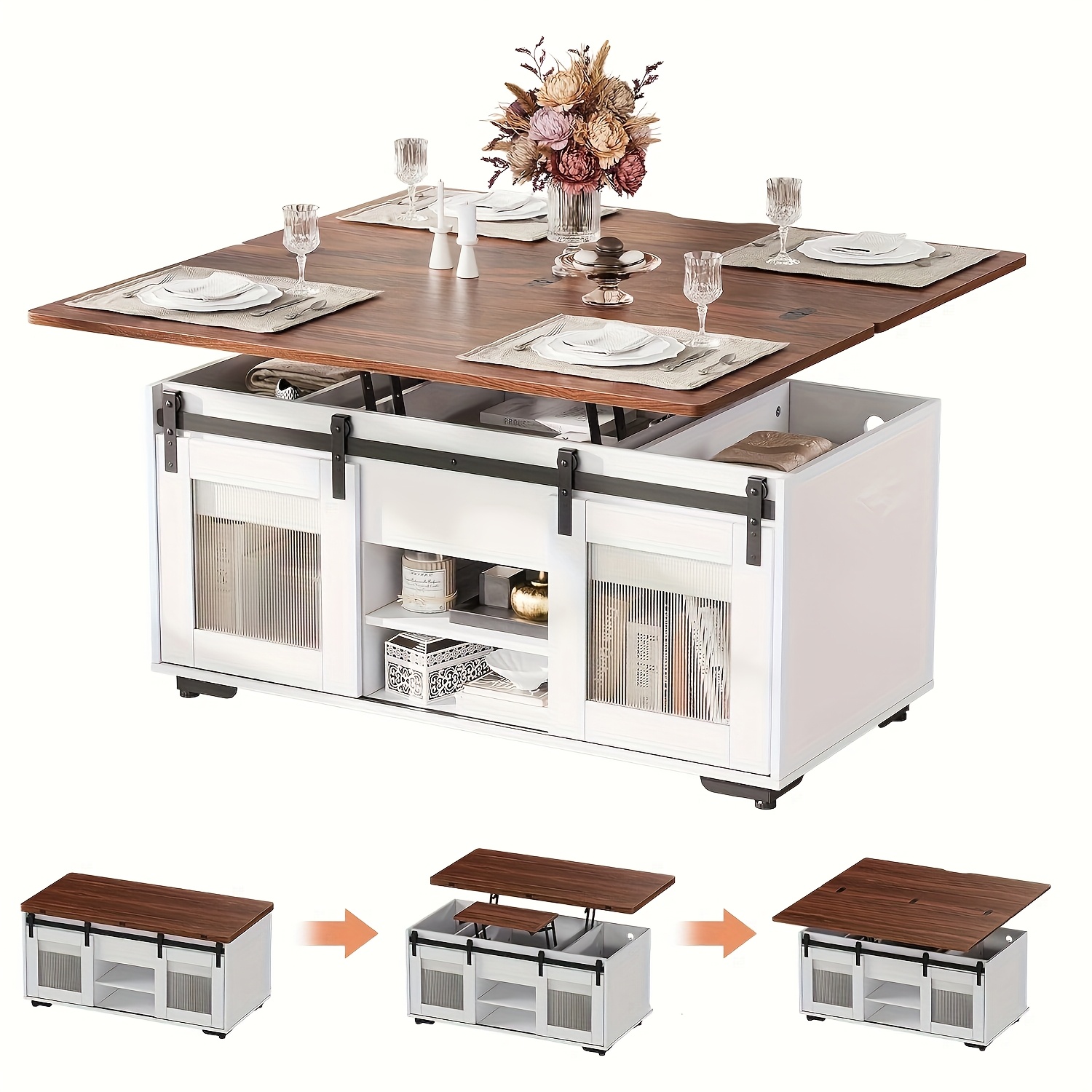TEMU Modern 3-in-1 Convertible Coffee Table & Dining Table Suitable For Living Room, Adjustable Height With Hidden Storage/shelves, Space-