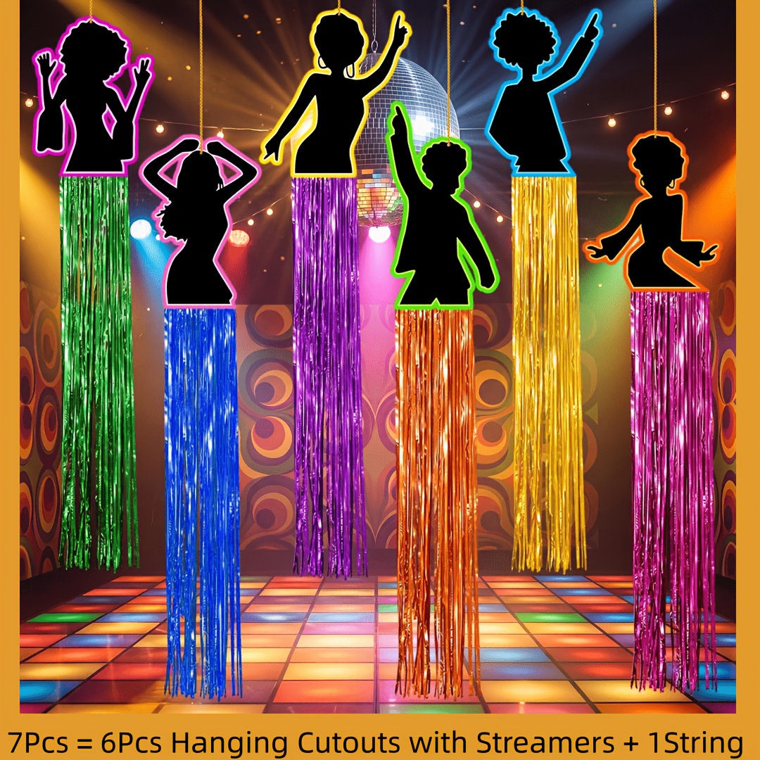 TEMU 7/14pcs Disco Party Decorations Set Disco Hanging Decoration Silhouette Hanging Cutouts With Colorful Tinsel Streamers For Retro 70s 80s Party