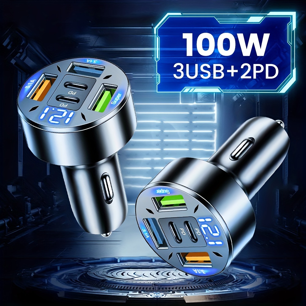 100w rapid charging car charger with digital screen 2pd   usb c ports universal car plug for phones and tablets without battery