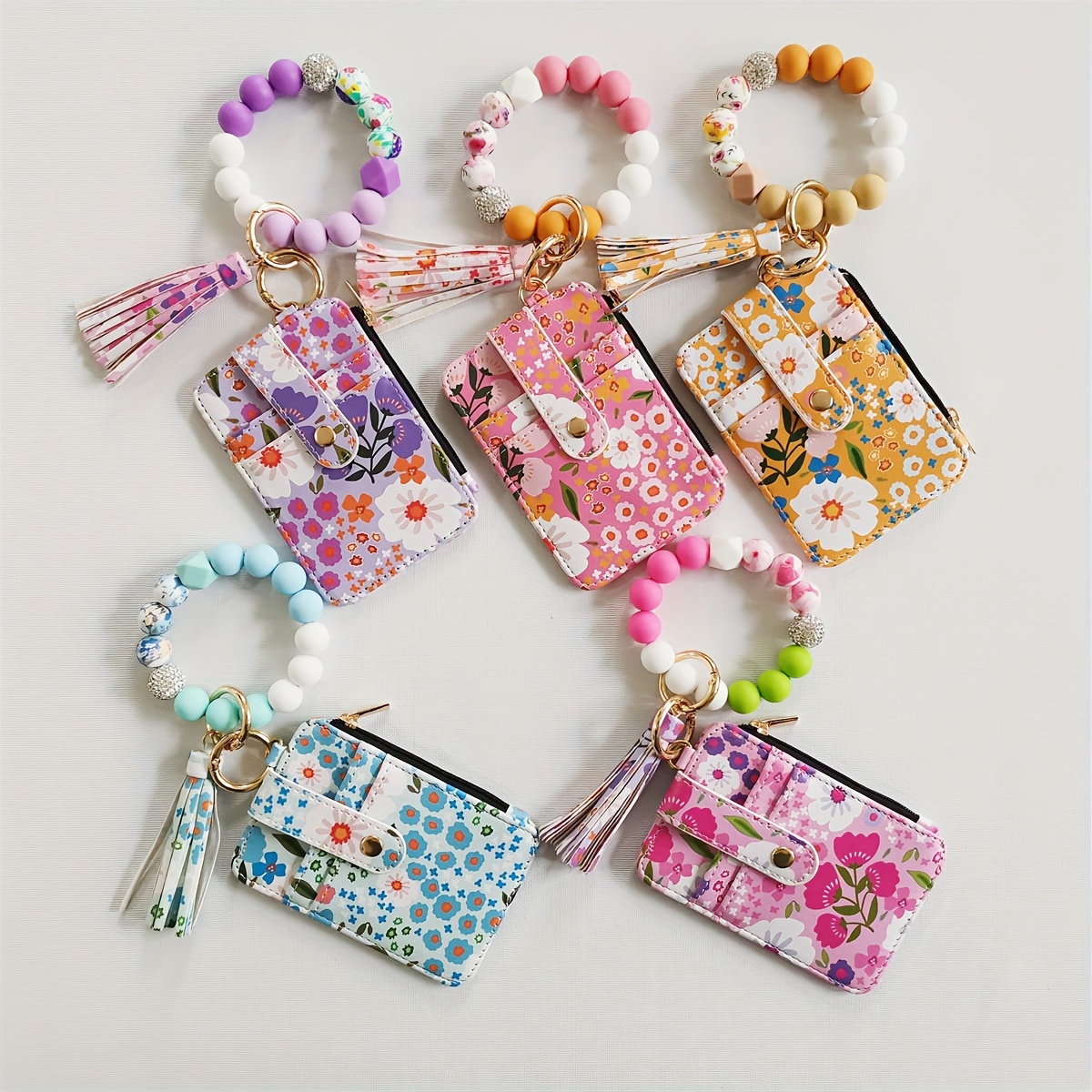 

Floral Pu Leather Tassel Wallets With Silicone Bead Keychains, Multi-card Holder Pouches, Ideal Gifts For Birthdays & Holidays