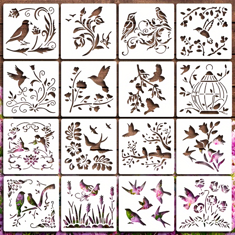 Image of 16pcs Floral And Bird Spring Painting Stencils, Reusable And Washable Templates For Home Decor Crafts, Art Painting Tools