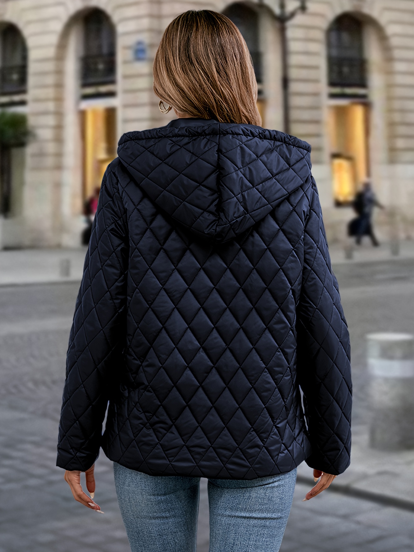 elegant women's quilted lightweight jacket hooded zip-up coat