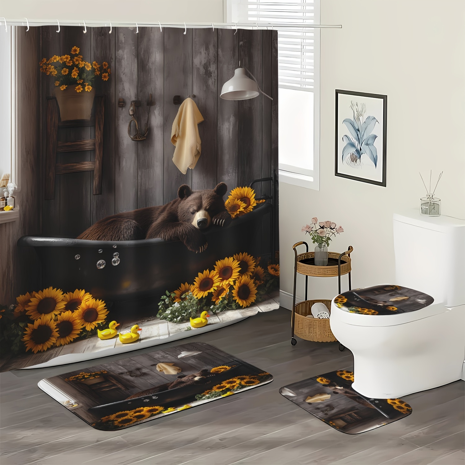 

Bear And Sunflower Themed Shower Curtain Set With Non-slip Rugs, Toilet Lid Cover, U-shaped Mat - Water-resistant Woven Polyester Bathroom Decor With 12 Hooks - Artistic Wildlife Bath Partition