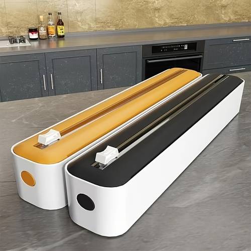 1 piece heavy duty plastic wrap cutter and holder with dual sliding knife non slip base countertop organizer compatible with plastic wrap foil baking saving kitchen storage box for home commercial use duallayer holder stable cutting platform sharp cutting tool
