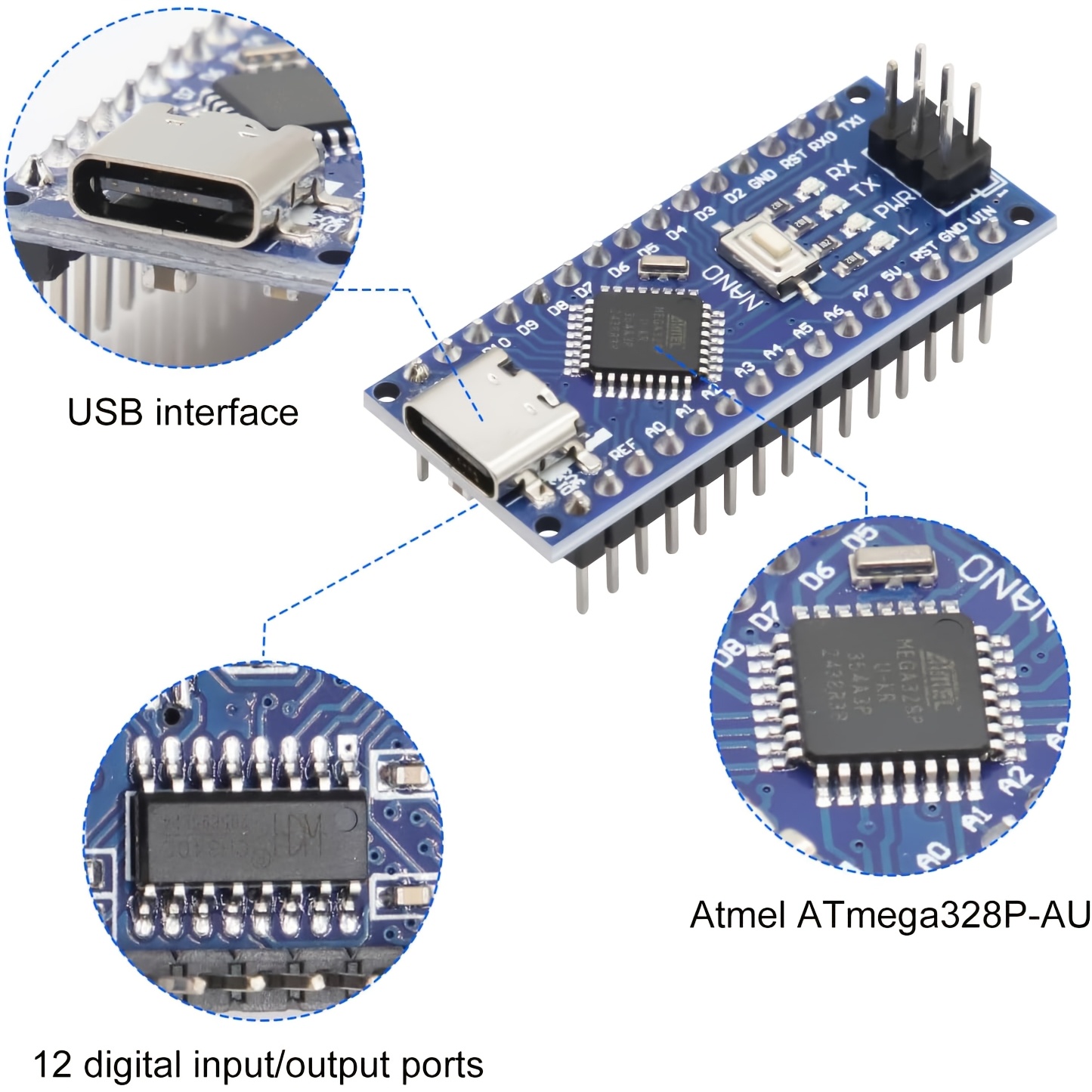 3 шт. нано v3.0 плата з мікроконтролером  328p/ch340g 5v 16m, usb c  , 3 шт. usb кабелі для   ide/pwm/spi Опис товару 3