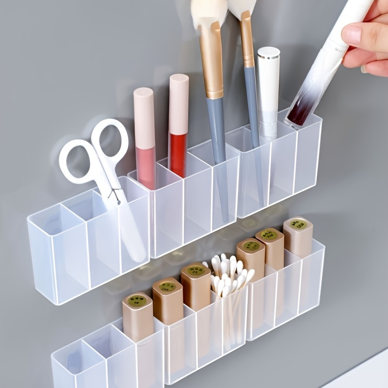 

2pcs Wall Mounted Storage Organizer Box, Clear Plastic Holder For Lipstick, Eyebrow Pencil, Makeup Brushes, Small Items Organization, Easy Installation, Space-saving Design