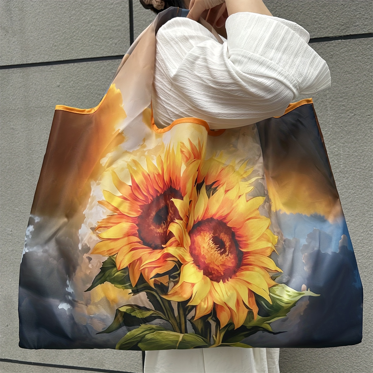 Image of Large Foldable Shopping Bag Featuring An Oil Painting Of Yellow Sunflowers, Made Of Thick Nylon, Suitable For Women As A Tote Bag, Gym Bag, Or Travel And Grocery Storage