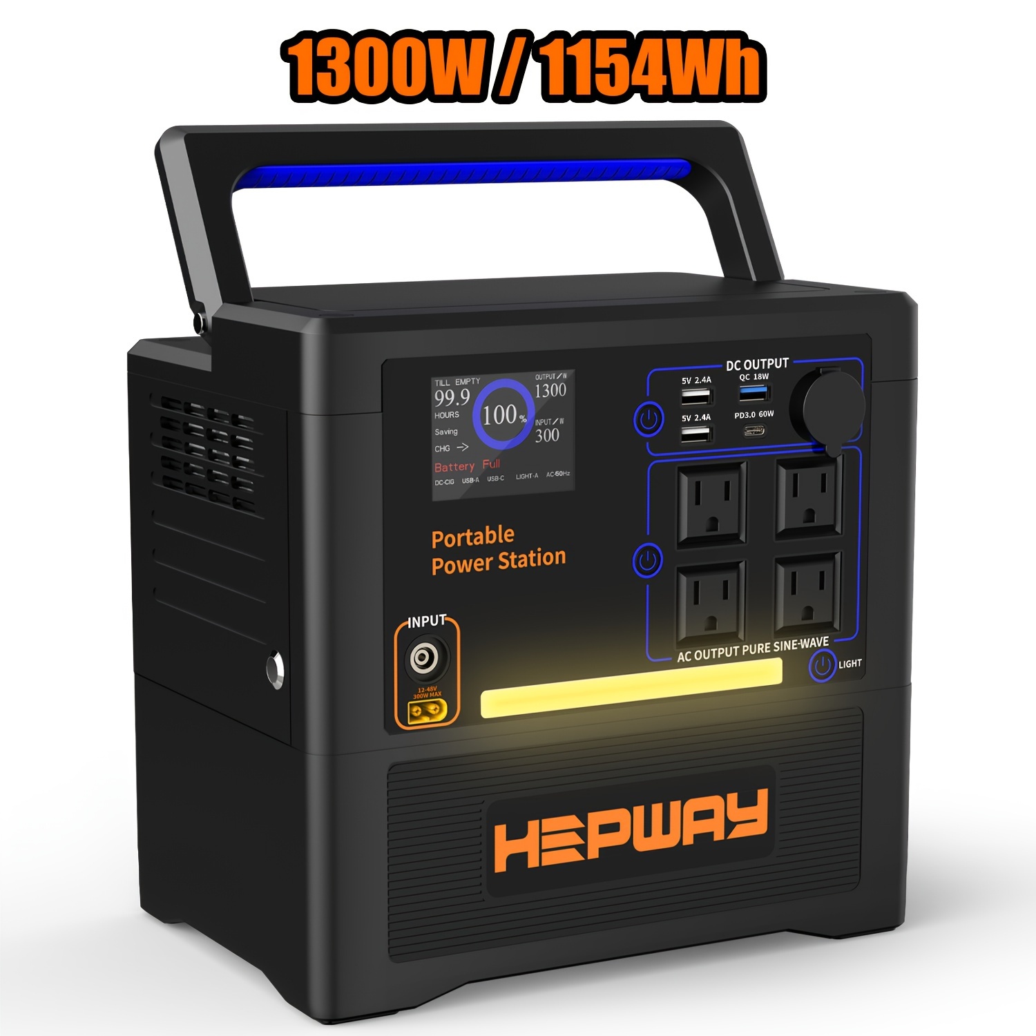 

Portable Power Station 1300w, 1154wh 110v Backup Bank With Ac Outlet Pure Sine Wave, , Usb Qc3.0 Outputs, External Lithium Battery Pack Solar Generator For Outdoor Camping Rv Trip Home Emergency Use