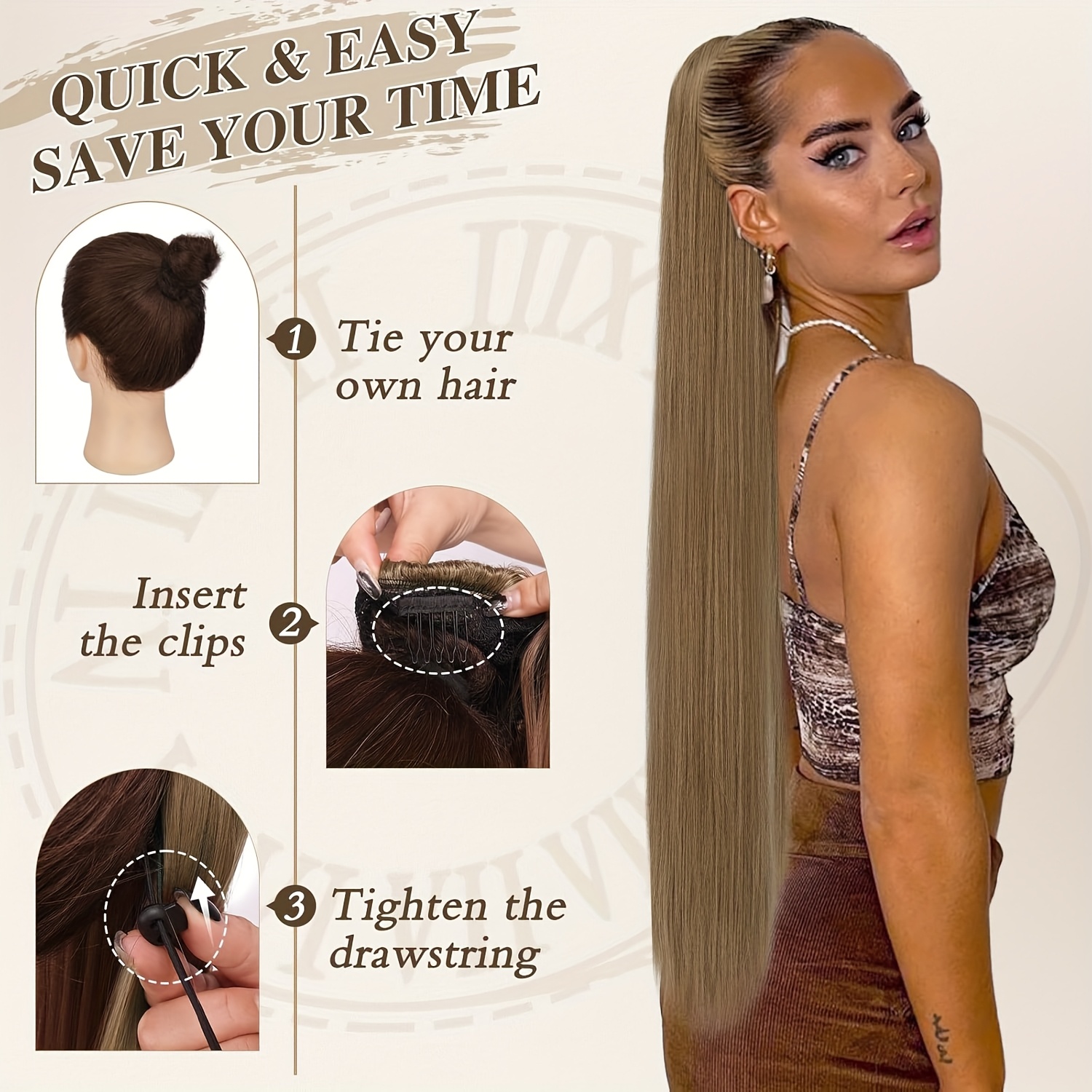   brown ponytail extension 34 inch long straight drawstring ponytail hair extensions synthetic clip in pony tails hairpieces   straight ponytail for women girls daily details 0