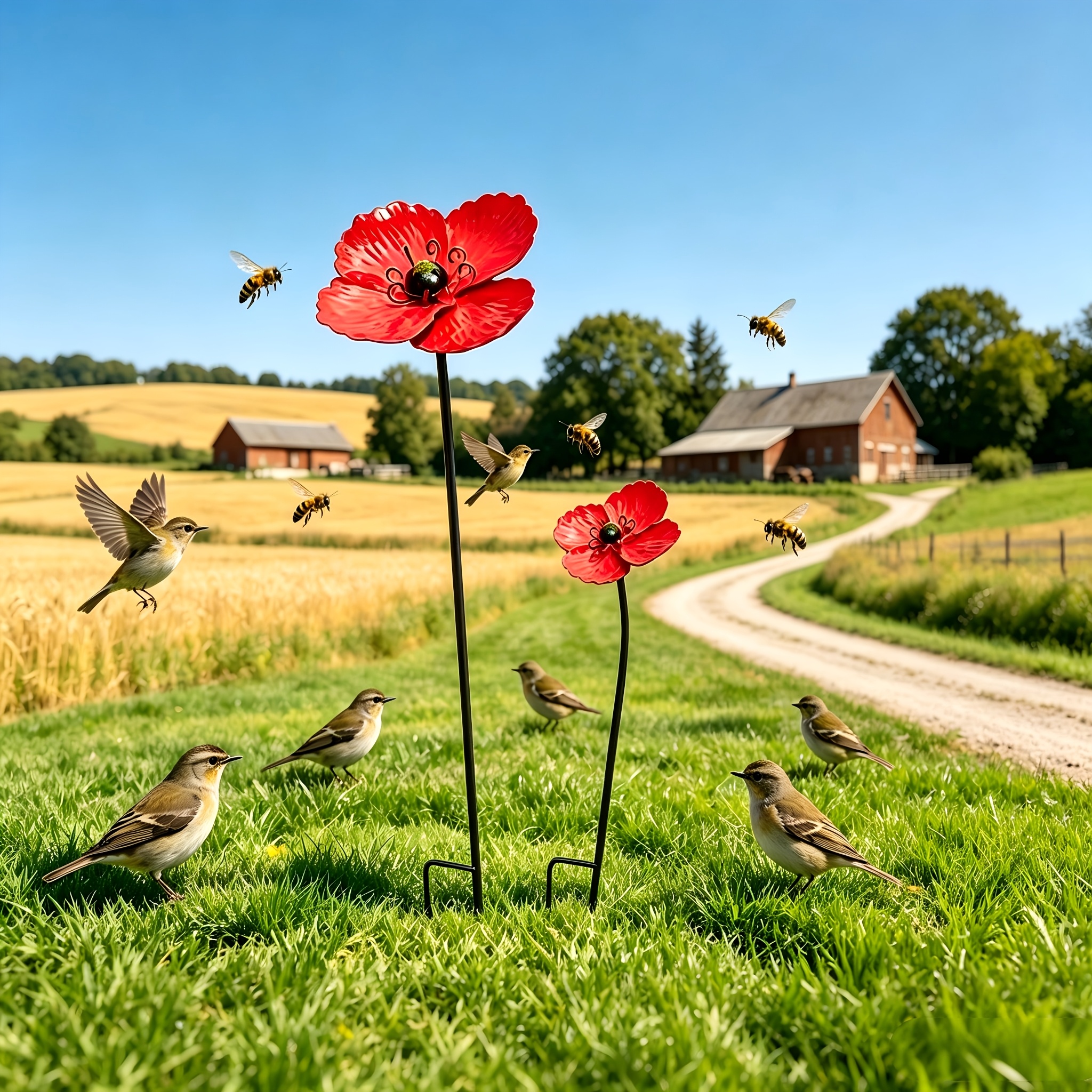 3d 2pcsa large and a small flower metal red poppy flower garden stake decor outdoor yard art ornament   iron floral   for lawn patio farm decoration