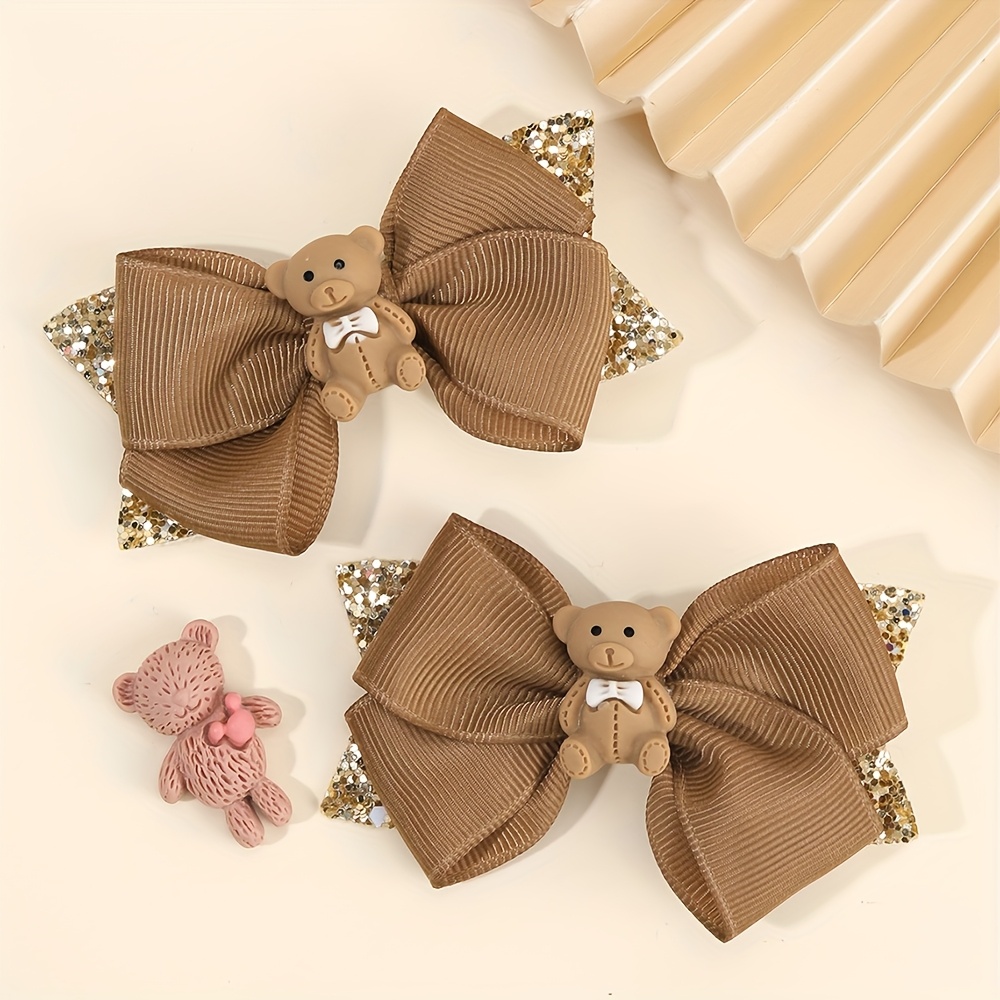 Image of 2pcs Cute Bear Bow Hair Clips For Glitter Bow Hair Pins With Bear Accents Accessories For Daily & Casual