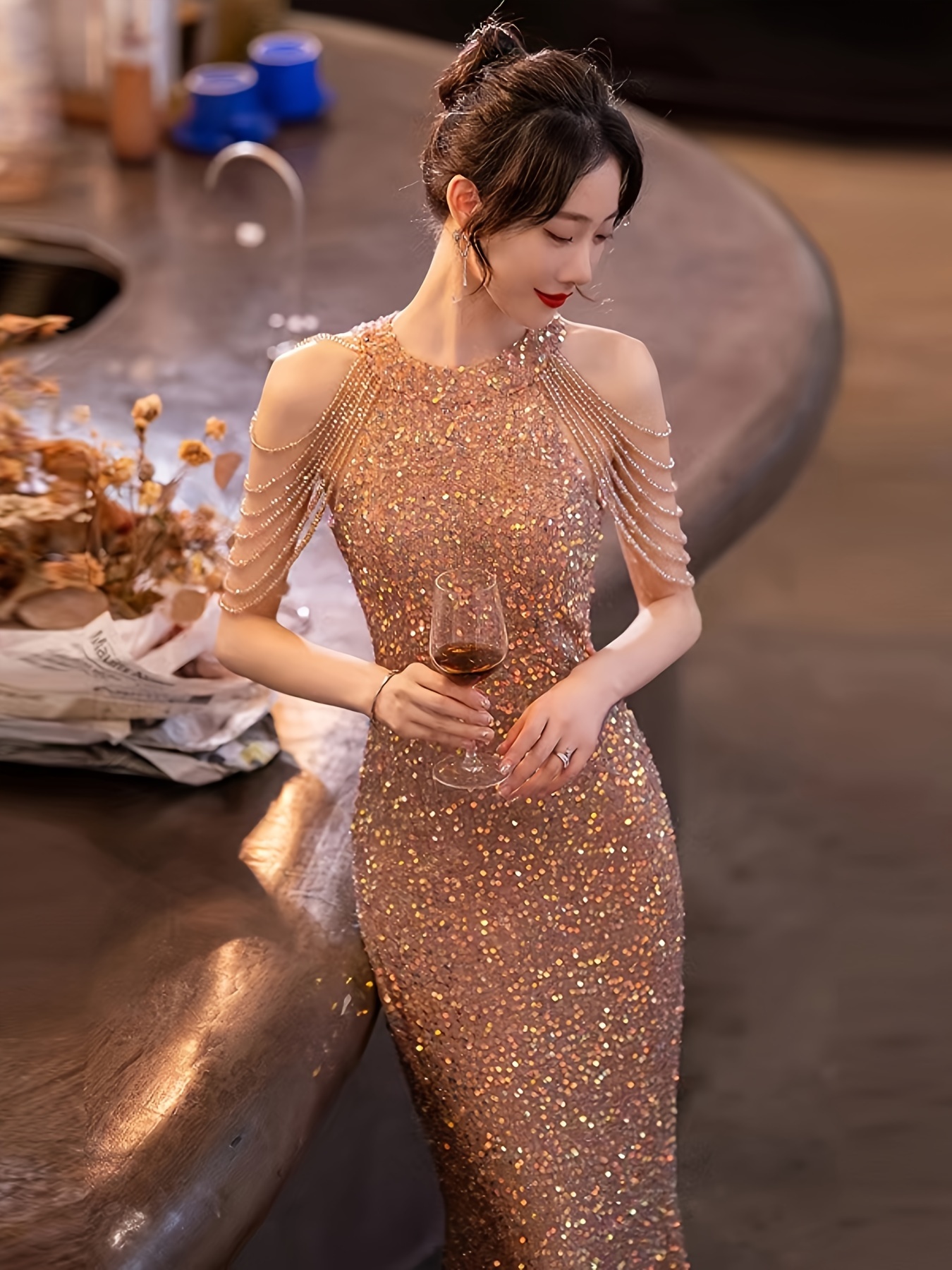 Sequin Long Dresses For Birthday Party V Neck Bodycon Long