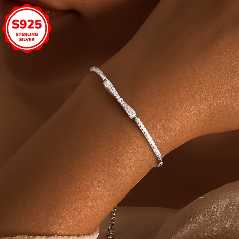 

Elegant Adjustable Bow Bracelet For Women - Sparkling Synthetic Zirconia, 925 Sterling Silver, Ballet Style, Ideal For & , Birthstone, Gift, Women's Bracelet, Inlaid, 3.7g, Holiday Gift