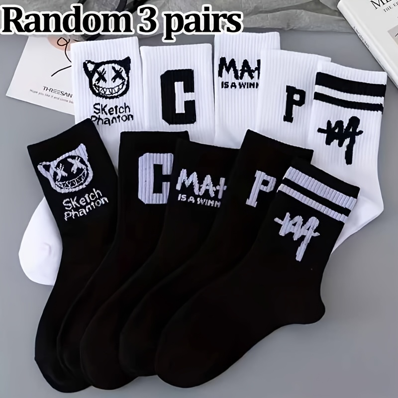 TEMU Random Color 3 Pairs Trendy Style Mid-calf Socks, Black And White Super , Individual Graffiti Letter Elements Suitable For Sports And Daily Wear