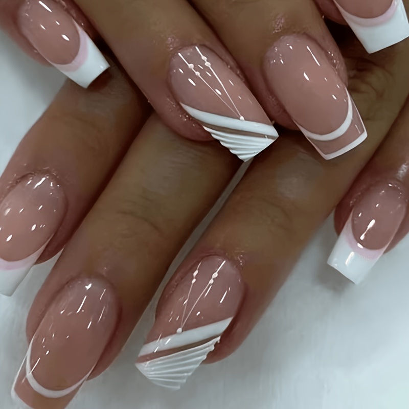 TEMU Upgrade Your Style 24pcs Wearable Nail Stickers Design All-match Pure Desire Style Nude Pink Gradient Nail Art Cold White Striped Temperament