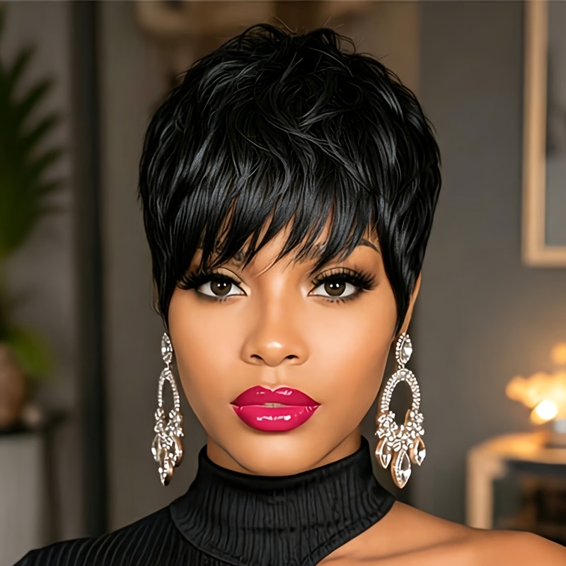 TEMU Perruque à cheveux raides coupe 100% cheveux humains pour femme, perruque courte noire avec frange et bonnet en élastique, convient à tous