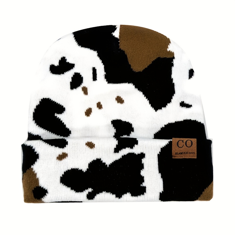 TEMU 1pc Cow Print Beanie With Trendy Co Patch - Soft, High Stretch, Warm Hat For , Hand Washable, Durable - Gifts For Families