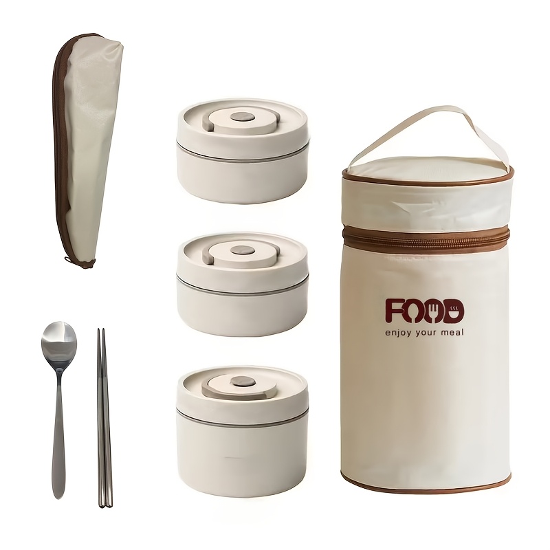 TEMU Ensemble de Contenant Thermique 3 Couches avec Sac Isolant et Porte-Couverts - Boîte à Lunch en Acier Inoxydable pour École, Bureau, Camping,