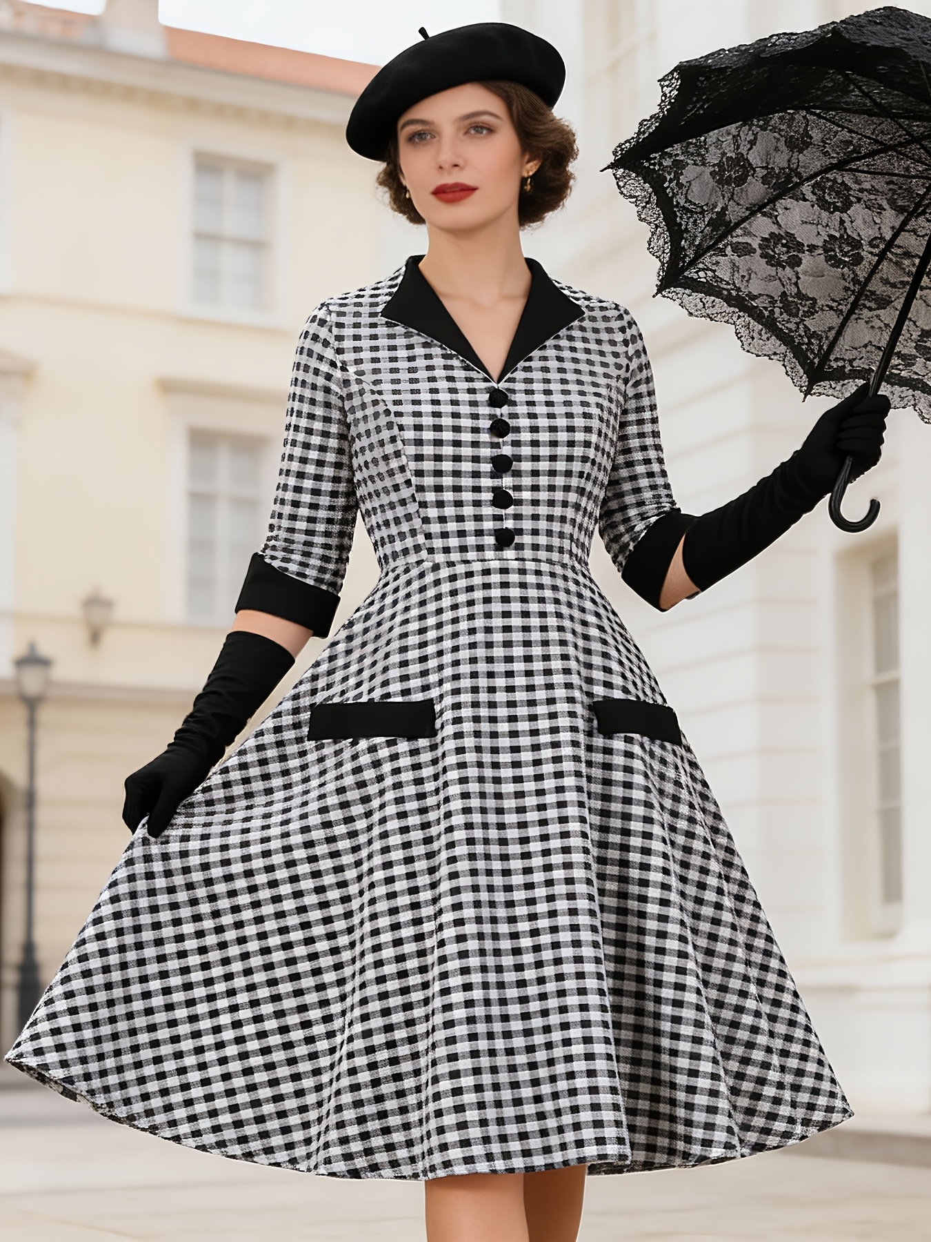 Contrast Collar Buttons Front * Pockets 3/4 Length Sleeve 2026 Spring  Elegant Knee Length Vintage Style * Rockabilly Dresses