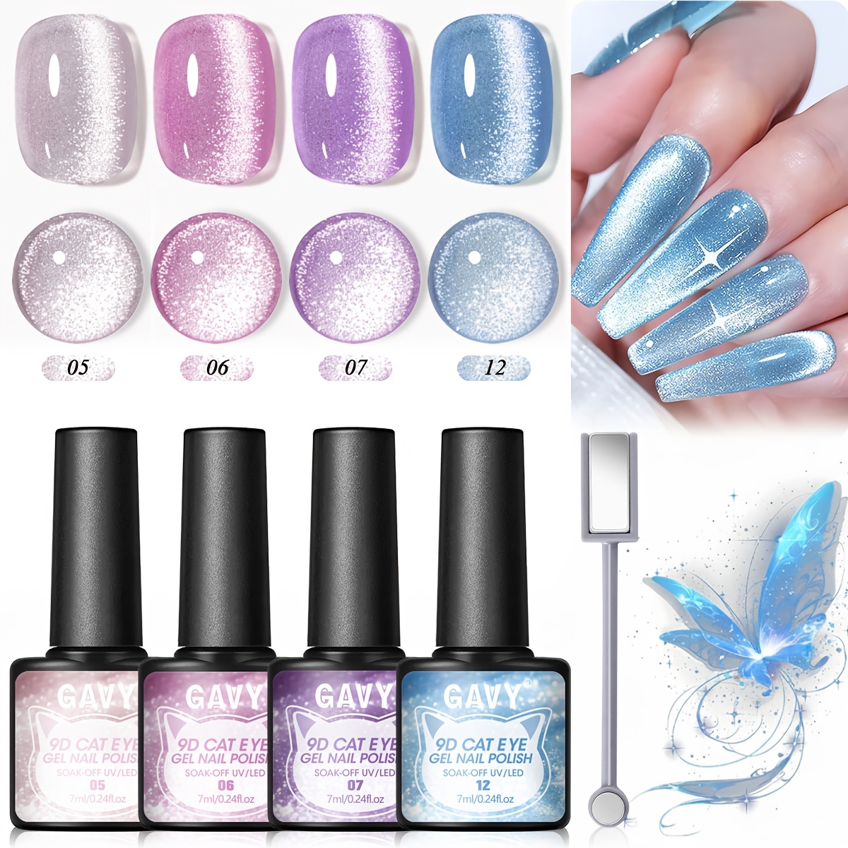 Image of Premium Transparent Crystal Aurora Cat-eye Nail Gel (4-bottle Set) And Magnet (5pcs Set), High-density Shimmering Gem Magnetic Led Gel, Luxury Supplies