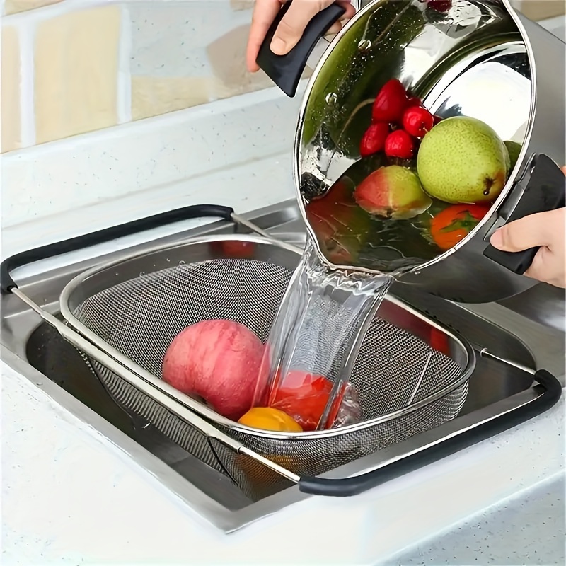 

1pc Extendable Stainless Steel Colander With Fine Mesh And Drain Basket - Perfect For Vegetables And Kitchen Accessories