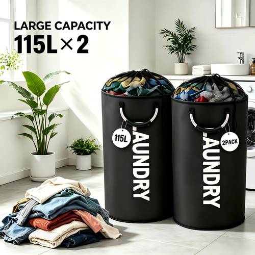 2 pack extra large 95l 115l foldable laundry baskets with new drawstring closure design multi purpose fabric clothes storage baskets for bathroom bedroom outdoor and dorm space saving design each with ring handles premium laundry storage bin