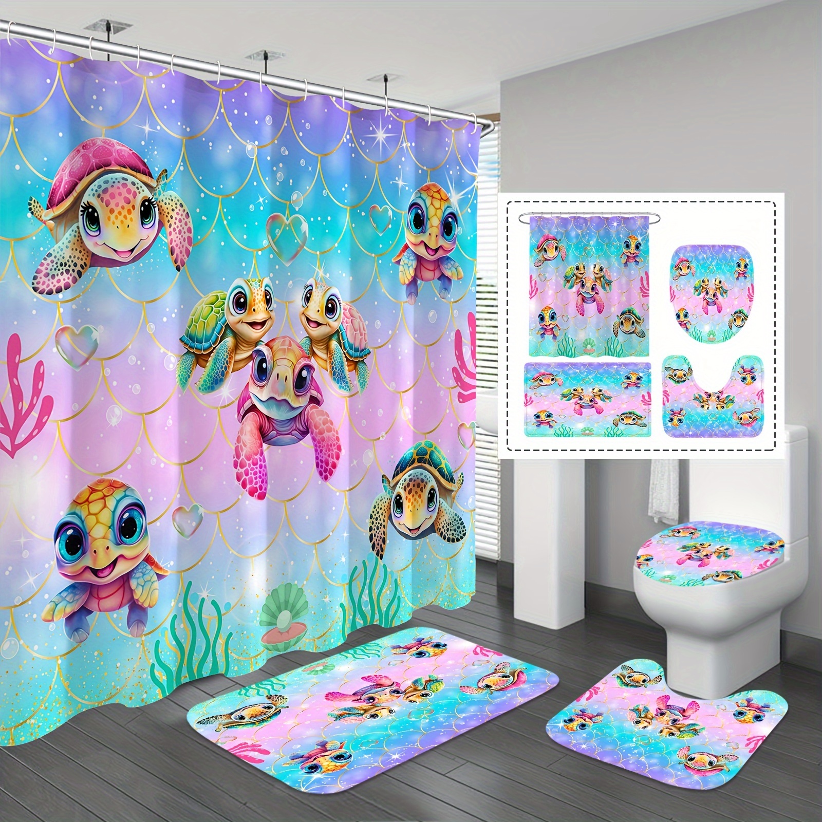 

1/4pcs Cute Sea Turtles Pattern Shower Curtain Set, Shower Curtain With 12 Hooks, Non-slip Bath Mat, U-shaped Toilet Mat, Toilet Mat, Bathroom Decor Accessories