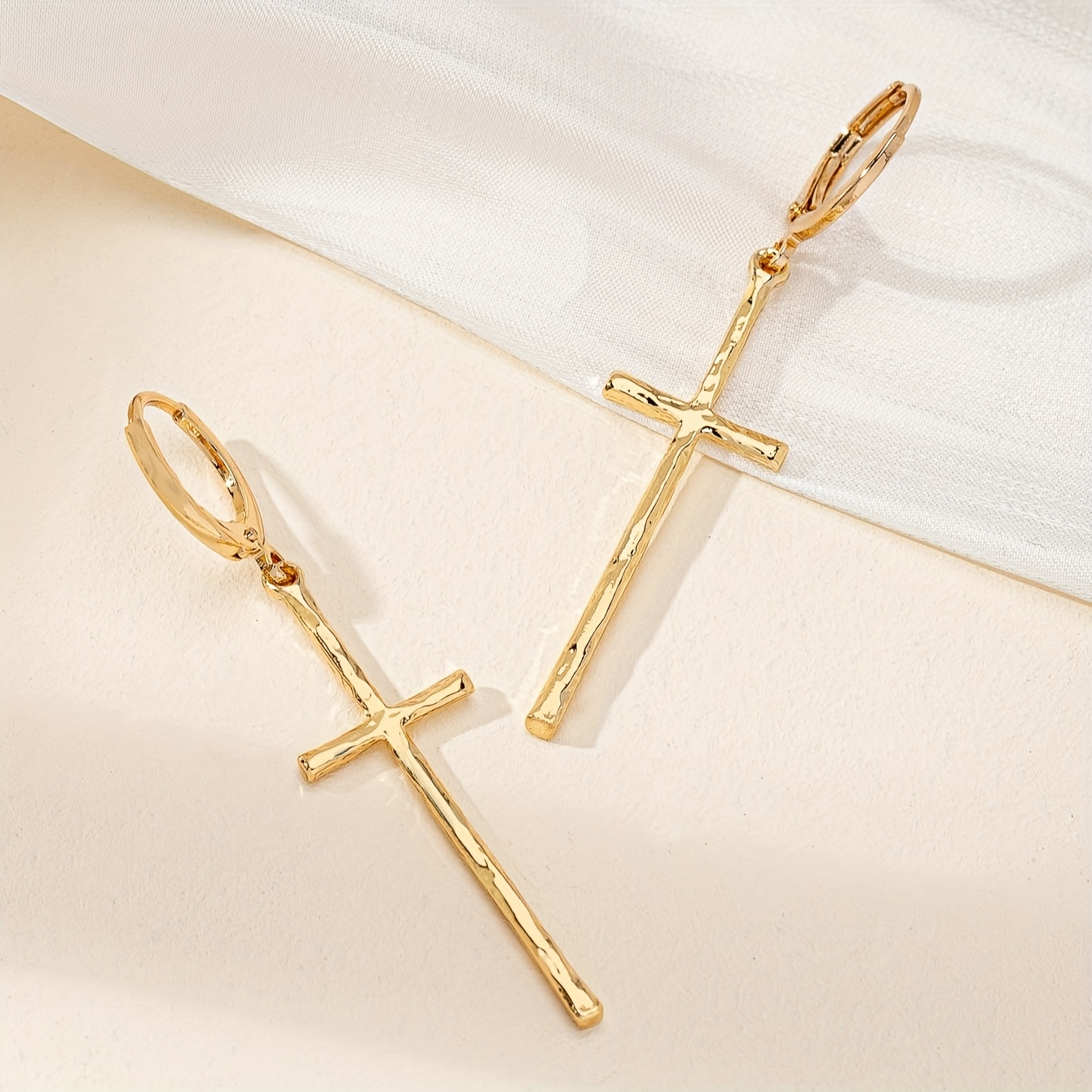 Golden Tone Cross Dangle Earrings - Hypoallergenic Iron