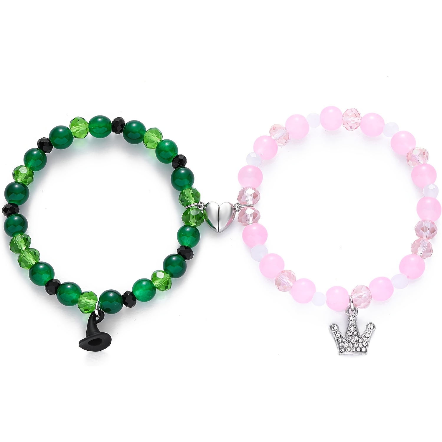 

2pcs/set Of Green+pink Music-inspired Crown Hat /couple Party Beaded Bracelet, Christmas/valentine's Day Jewelry Gift