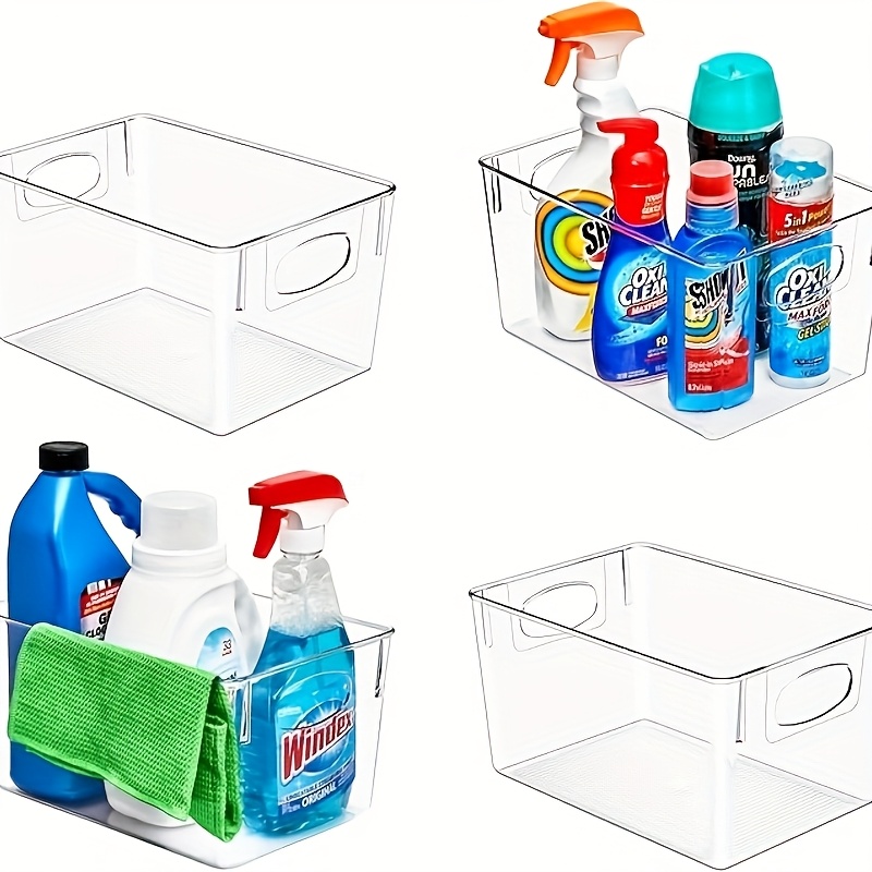 4pcs-10" X 6" Open Clear Drawer Organizer Bin, Set Of 4, Plastic Containers With Handle For Kitchen, Fridge, Cabinet, Closet, Bathroom, Undersink Storage