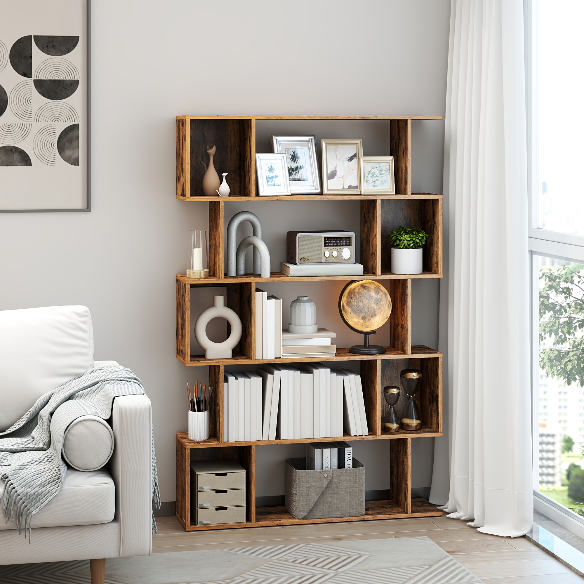 Image of Storage Unit, Bookcase, Bookshelf, 5 Tiers, Dimensions 24 X 90 X 159 Cm, Featuring Open Shelves, Ideal For Living Room, Bedroom, Or Study, In Brown Color