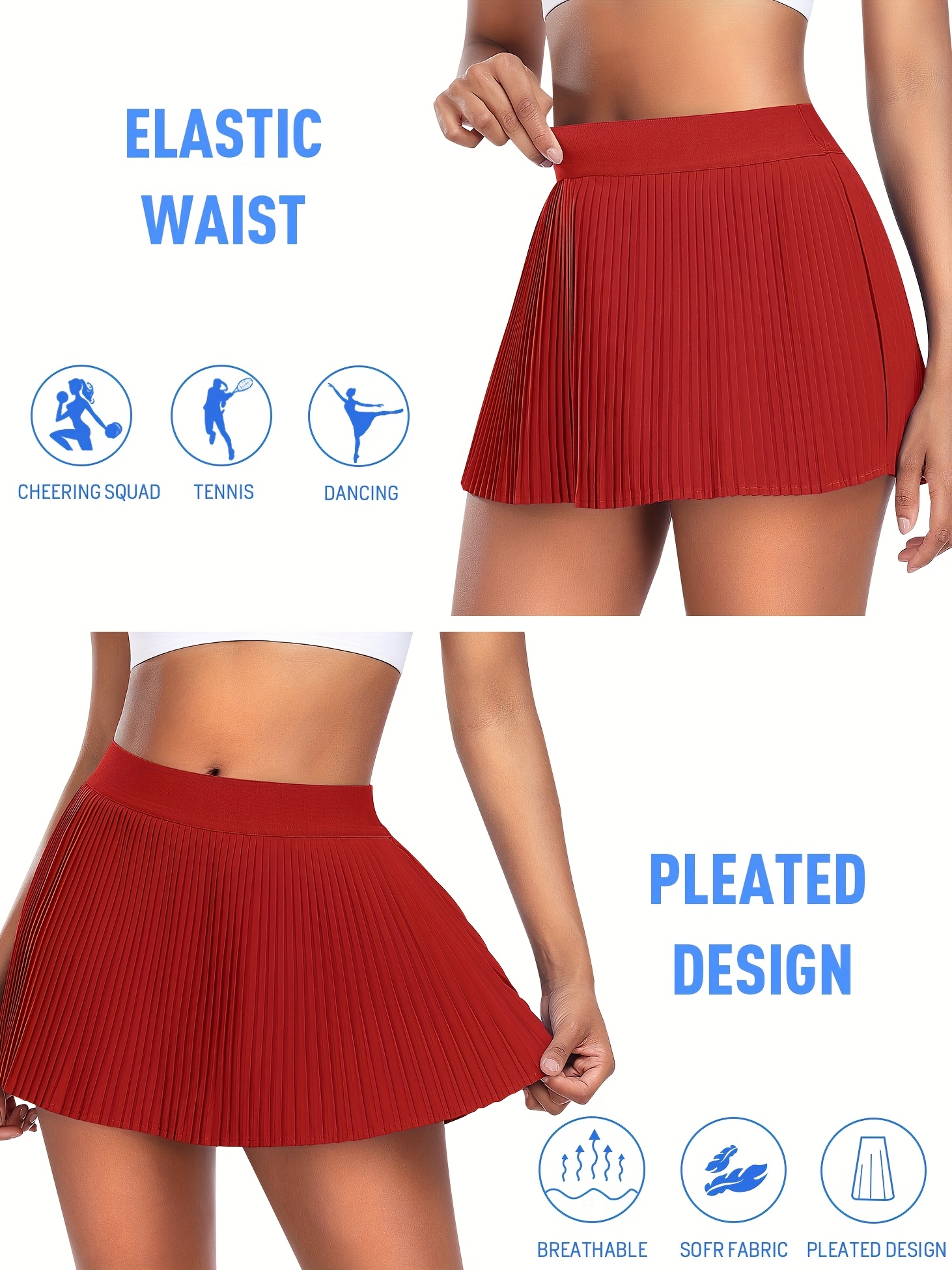Jupe De Tennis Plissée Pour Femme Avec Short Intégré Et Poches - Taille Haute Athlétique Rouge XL Idéale Golf Et Course