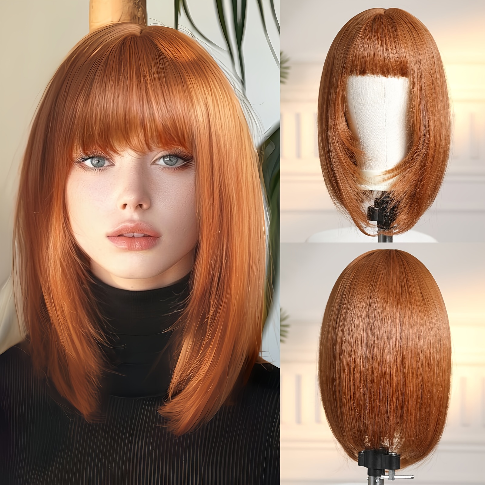 

Elegant 16-inch Orange Straight Wig With Bangs For Women - Heat Resistant Synthetic Hair, Beginner Friendly, & Parties