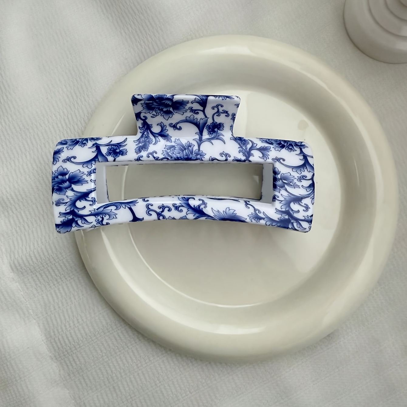 1pc Women's Large Square Blue And White Porcelain Crimp Claw Clip, Floral Hair Claw Clip, High-end Chinese Style Simple And Elegant Hair Accessory, Suitable For Daily Use