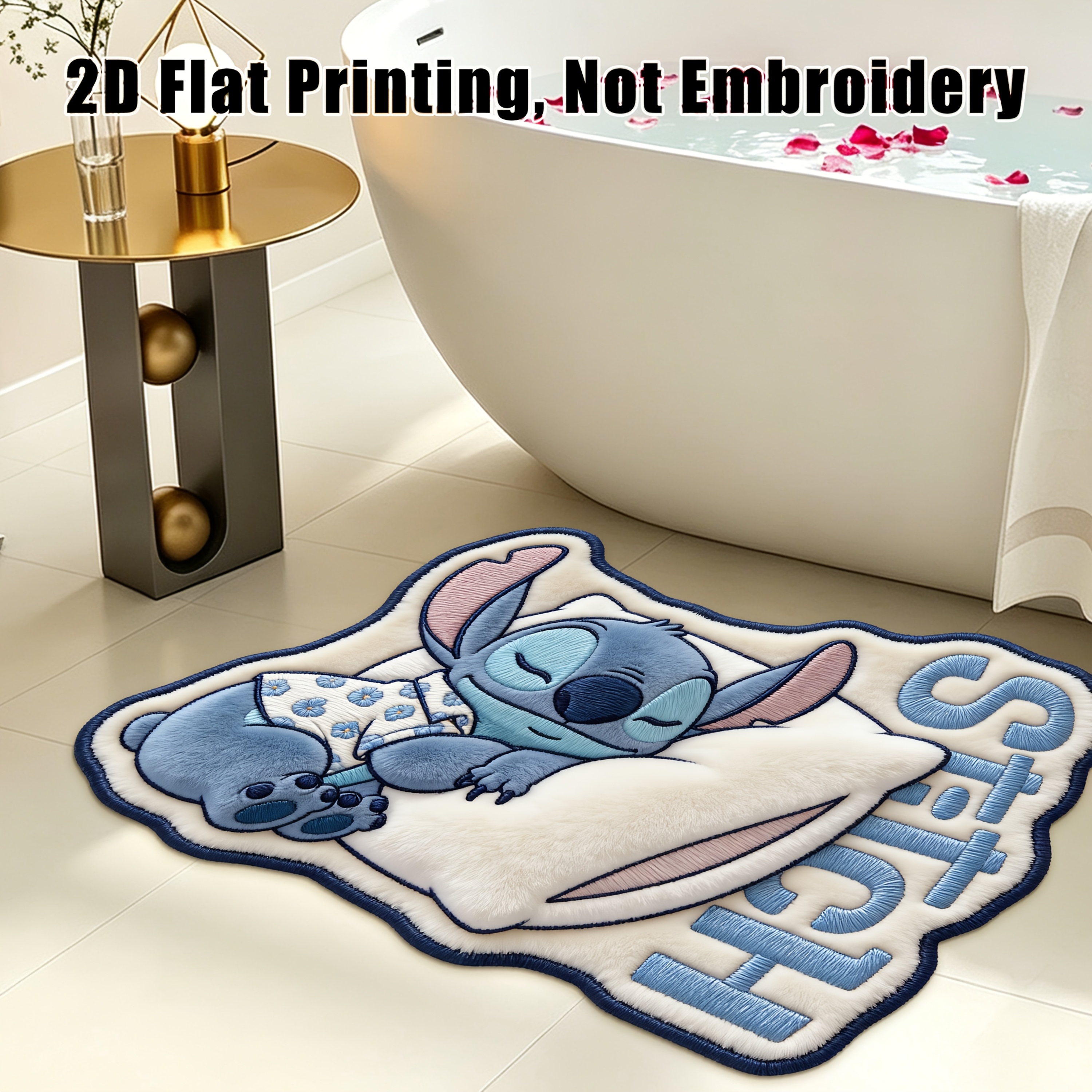 TEMU 2D Плюшевий килимок, Килимок для дверного отвору, Серія Stitch, М'який плюшевий матеріал, Милий , Абсорбуючий та нековзкий, Підходить для ванної