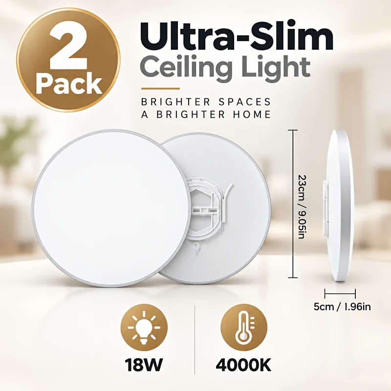 TEMU 2pcs 18w Led Ceiling Light, 4000k Round Flush Mount Ceiling Lights, Ultra Slim Low Profile Ceiling Lamp, No Lighting For Kitchen Bedroom Hallway