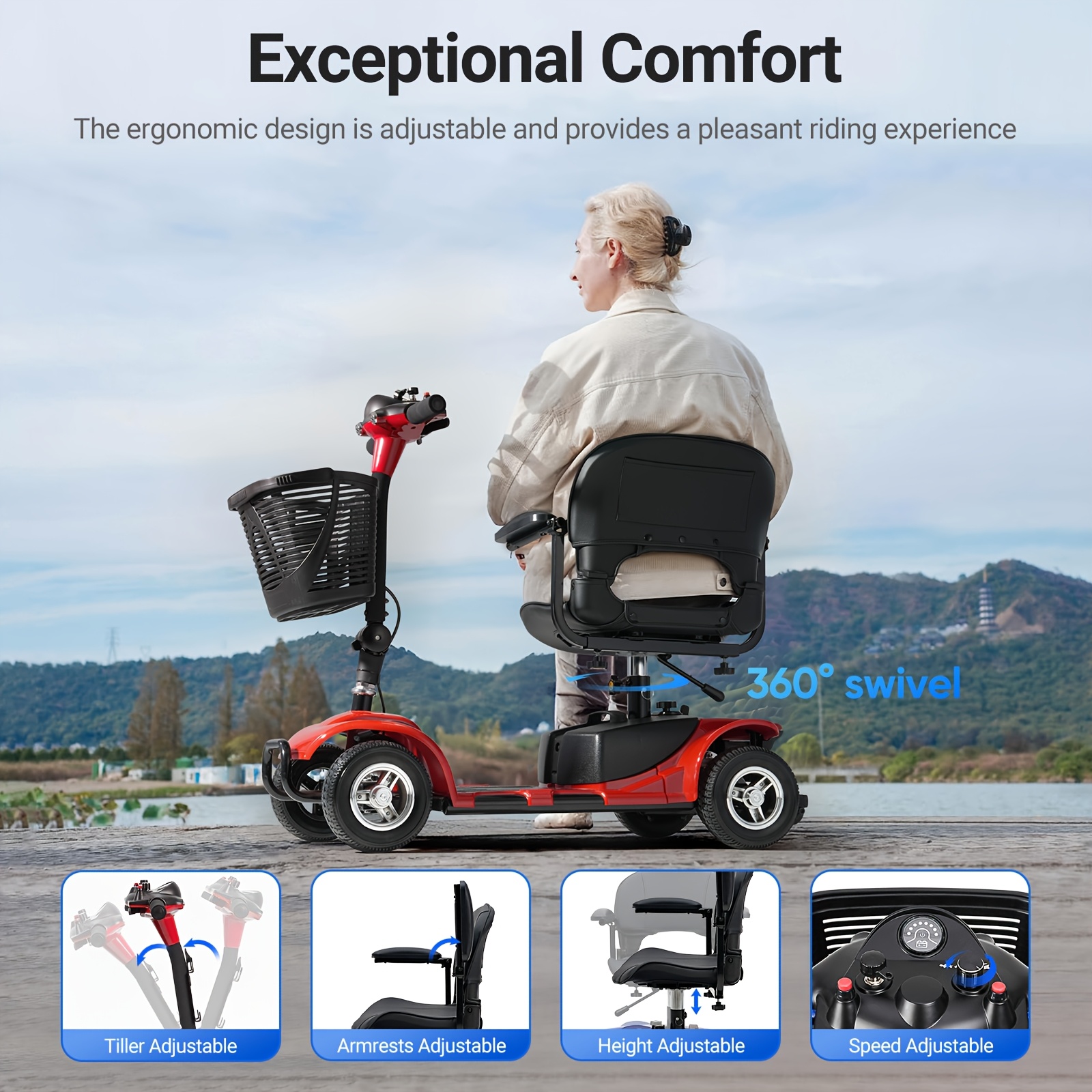 

High-performance 4-wheel Scooter For Adults - Foldable With Basket & Light, Long Range Travel, 6km/h Max , 180w Motor, Red