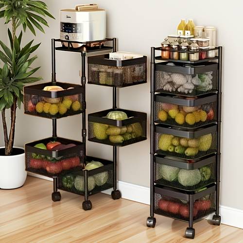 rotating kitchen storage shelf 5 tier metal fruit vegetable storage basket multi layer vegetable rack storage trolley on wheels floor standing basket for kitchen bathroom square standing shelf