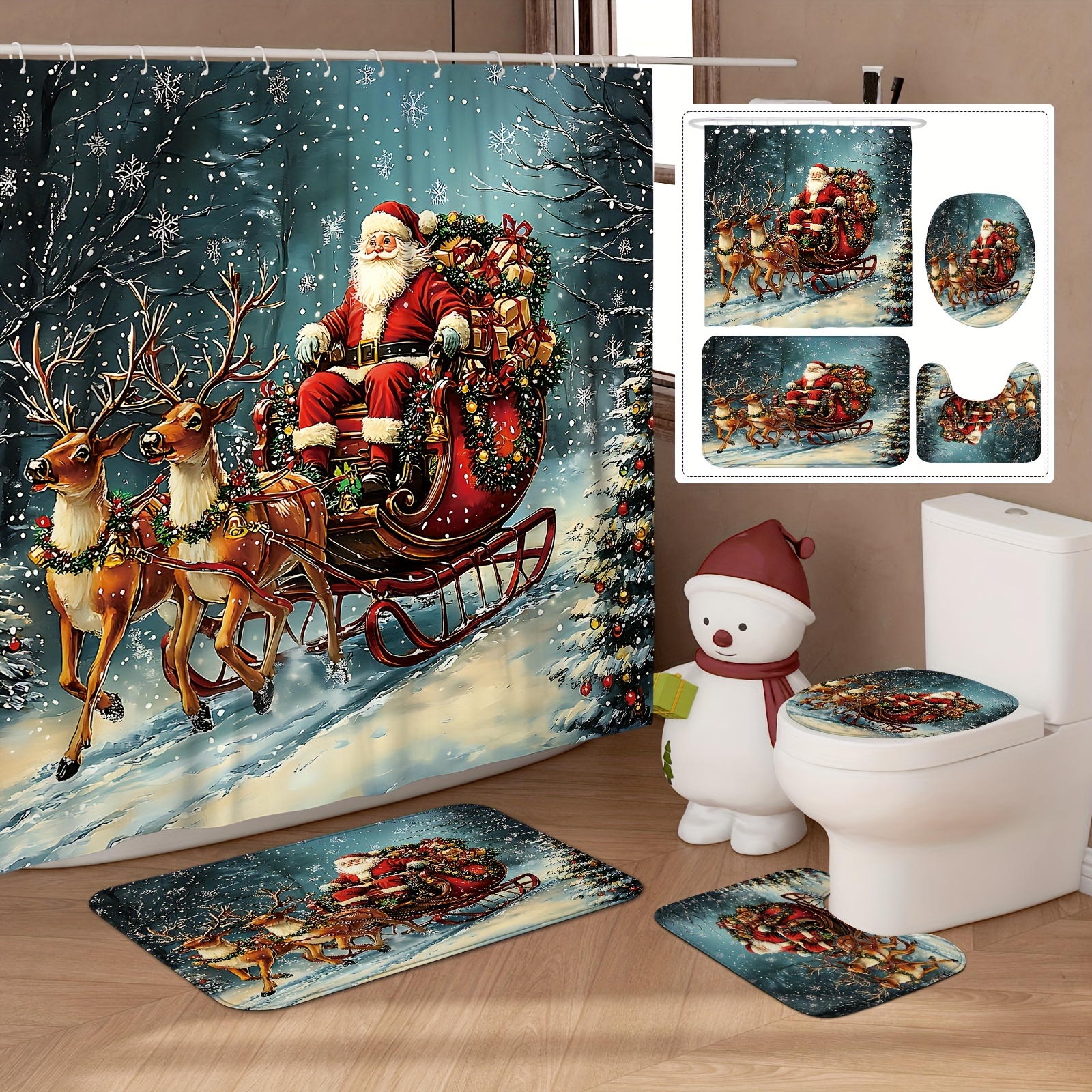 

Festive Christmas Shower Curtain Set: Santa And Reindeer Theme, Waterproof Polyester, Washable, Includes 12 Hooks, Non-slip Bath Mat, U-shaped Toilet Lid Cover, And Animal