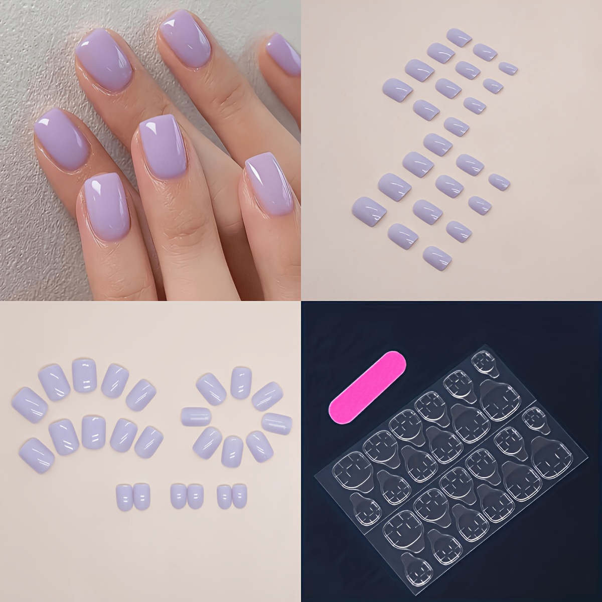 TEMU 24pcs Taro Purple Press-on Nails Suitable For Women &, Short Square Fake Nails With Glossy Taro Gel Polish, Pre-made Nail Tips With Jelly Glue &