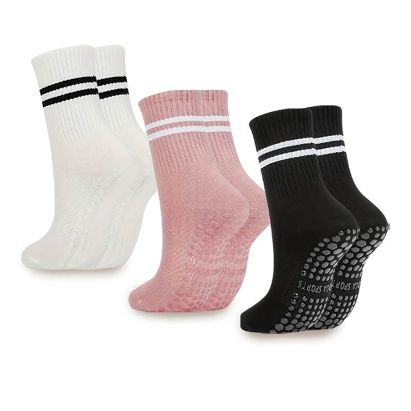 

3pcs Women's Cozy & Warm Yoga Socks With Non-slip Silicone Grip - Pilates, Dance & Fitness, Solid Color Striped Design