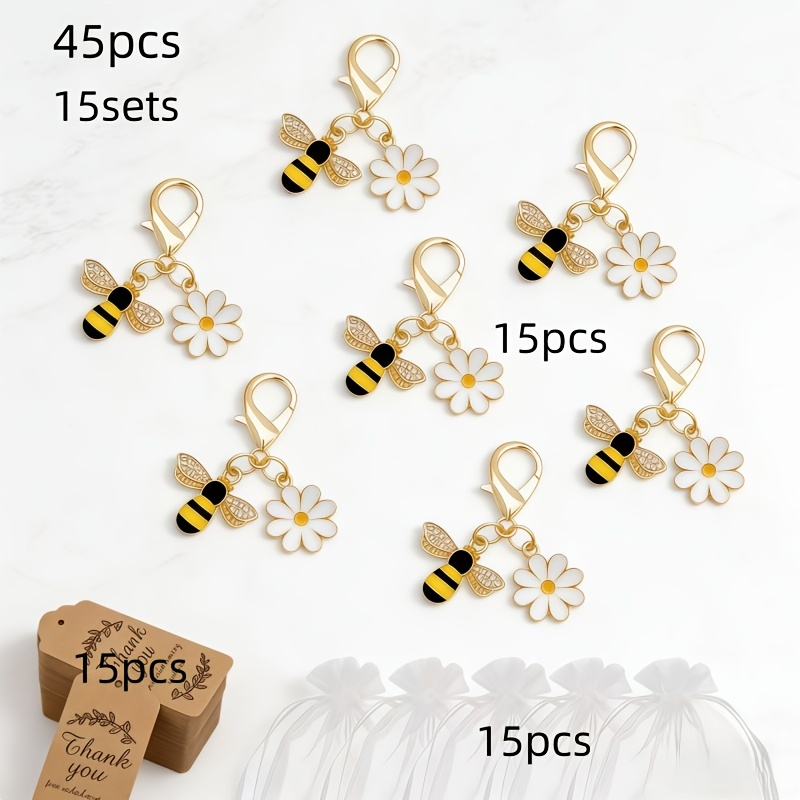 TEMU 45pcs Bohemian Style Bee Keychain Gift Set - Includes 15 Bee Keychains, 15 Organza Gift Bags, And 15 Thank You Cards. Bridal Showers, Birthday