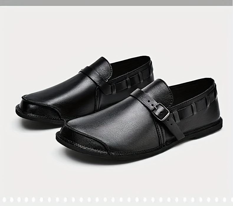 Men'S Retro-Style Slip-On Loafers, Featuring a Solid Color Ultra-Fine Microfiber Upper, Rubber Sole, Round-Toe Casual Business Shoes, Suitable for All Seasons with Decorative Buckle Design for a Classic Vintage Look, Comfortable PU Insole