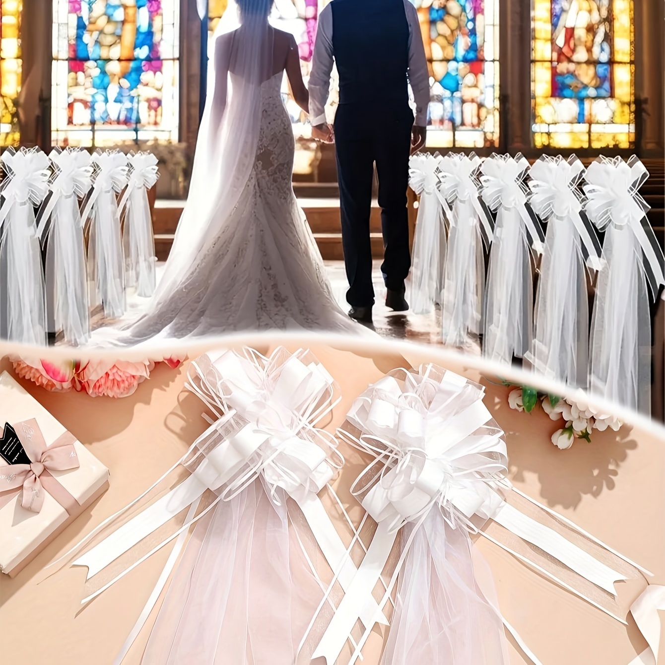 5pcs Set, Wedding Party Decoration White Bow Tulle Drape Set, Chair Decoration Tulle Drape, Suitable For Holiday Parties, Wedding Backdrop Decoration