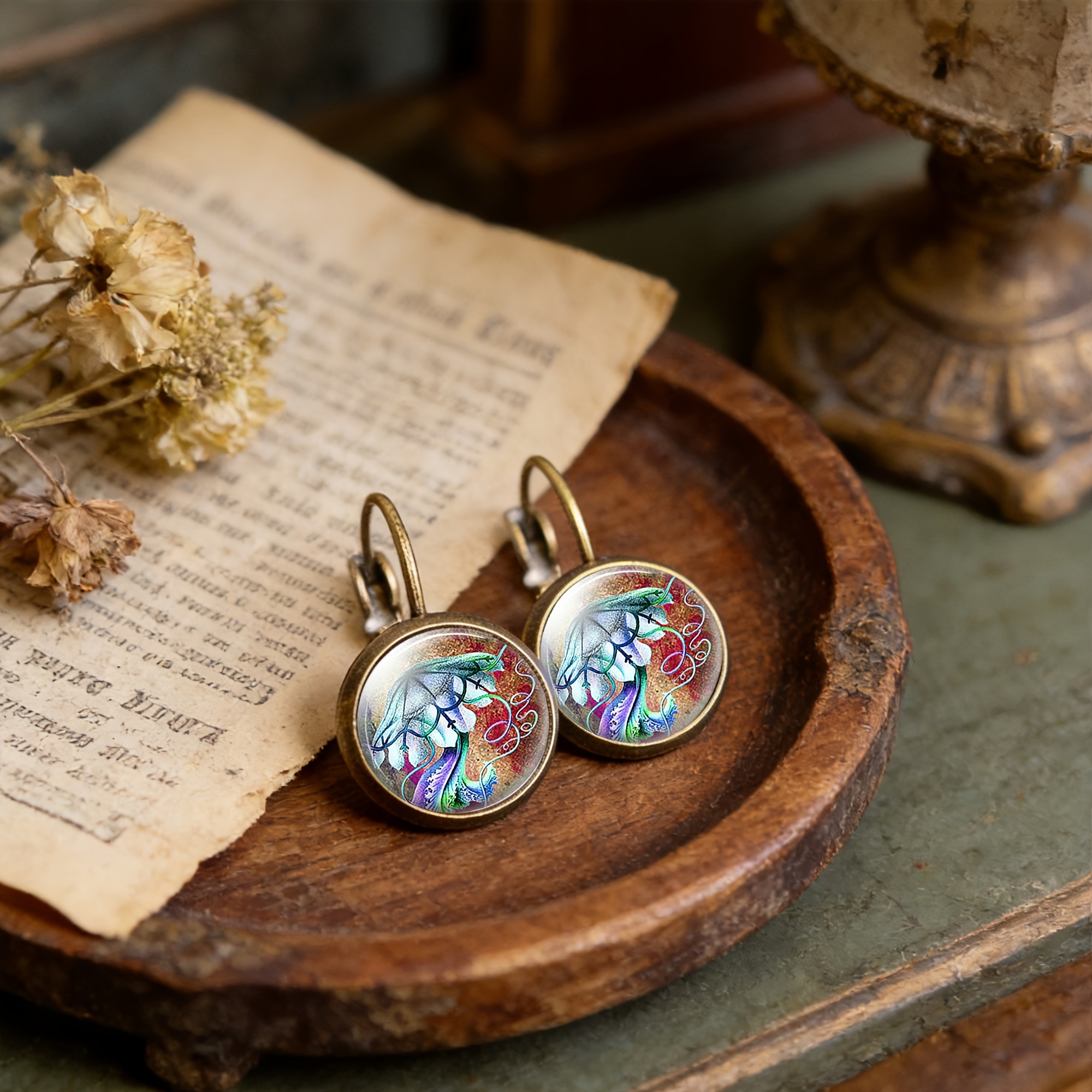 2pcs Set Antique Cyan Round Classical Earrings with Ear Hooks