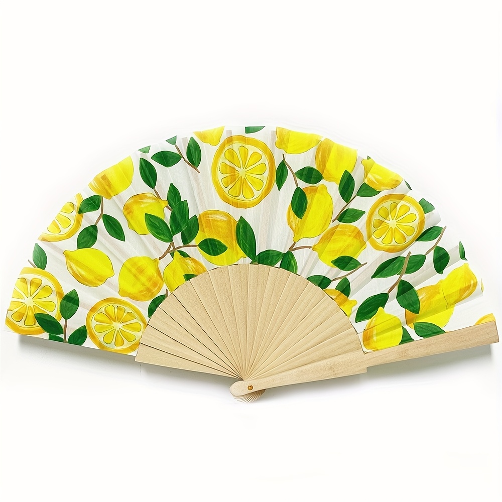 A Summer Spanish Lemon Patterned Cool Fan, A Decorative Wooden Fan, A Gift For , A Photography Prop, And A Fan For Dance Performances