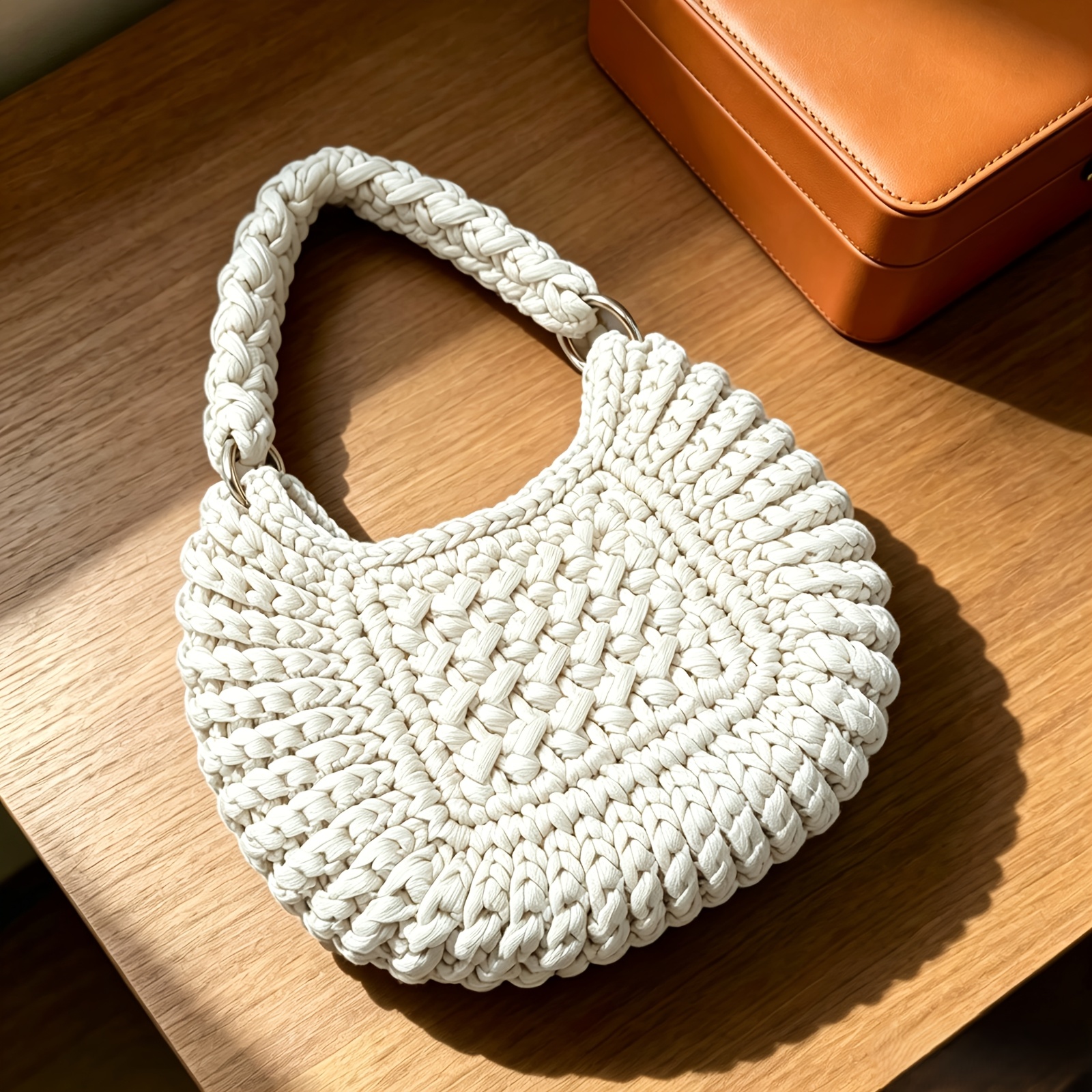 TEMU Women's Handbag Pure Handmade Bag Style Fashionable All-match Solid Color Crochet Knit Shoulder Bag With , Suitable For Casual Travel And